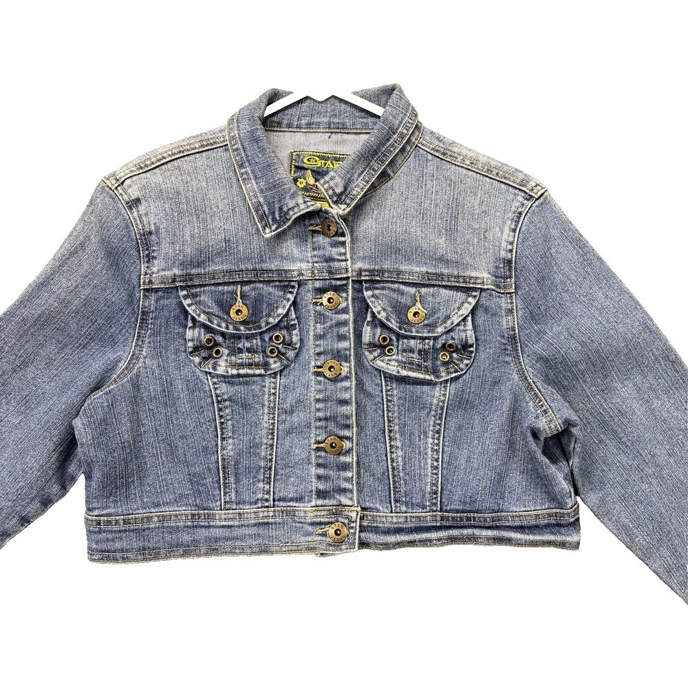 G Star Jeans Denim Jacket Womens Large Blue Cropped Button Front Embroidered